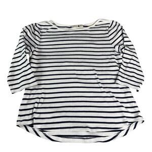 Chico's Top Womens Large (2) Striped Boat Neck White Navy Blue Nautical Cotton